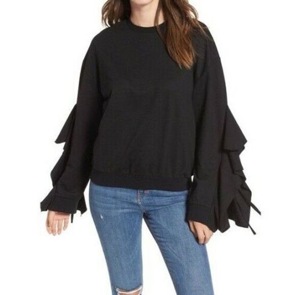 New J.O.A. Medium Ruffle Tie Sleeve Sweatshirt Black Pullover French Terry Top - Picture 2 of 6
